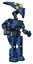 Mech containing flat elongated skull head and yellow eyeball array and light chest exoshielding and chest green blue lights array and rocket pack and prototype exoplate legs. Blue halftone.