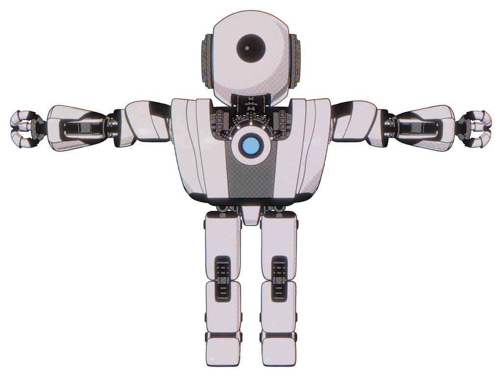 Bot containing round head and large cyclops eye and heavy upper chest and heavy mech chest and blue energy fission element chest and prototype exoplate legs. White halftone toon. T-pose.