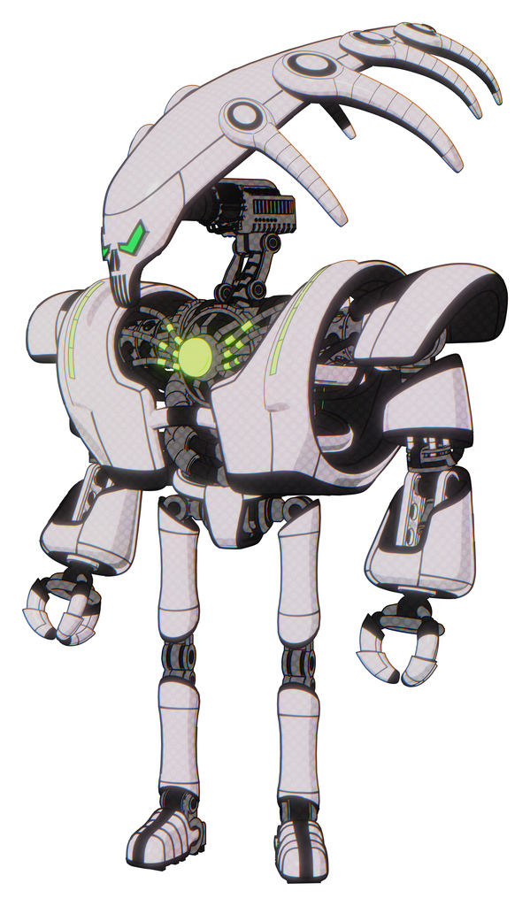 Automaton containing flat elongated skull head and heavy upper chest and heavy mech chest and green energy core and ultralight foot exosuit. White halftone toon. Standing looking right restful pose.