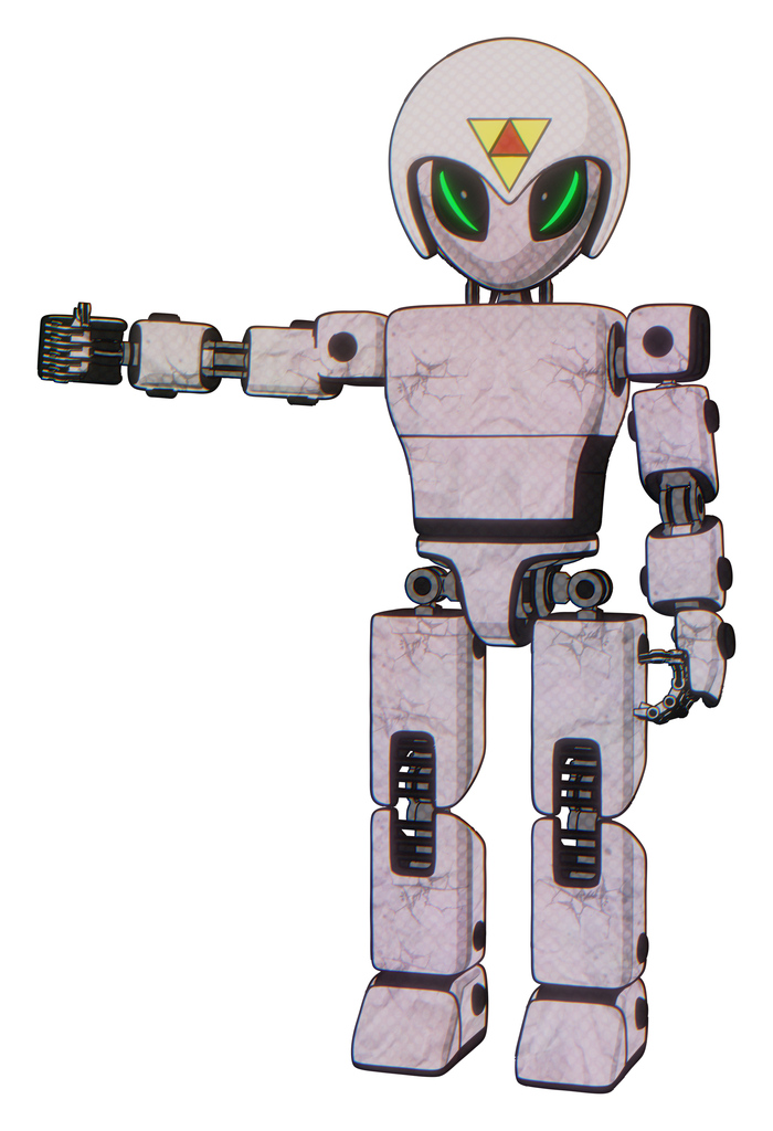 Automaton containing grey alien style head and green demon eyes and triangle design and helmet and light chest exoshielding and prototype exoplate chest and prototype exoplate legs. Sketch pad light.