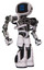 Droid containing digital display head and three horizontal line design and heavy upper chest and no chest plating and light leg exoshielding and stomper foot mod. White halftone toon. Hero pose.