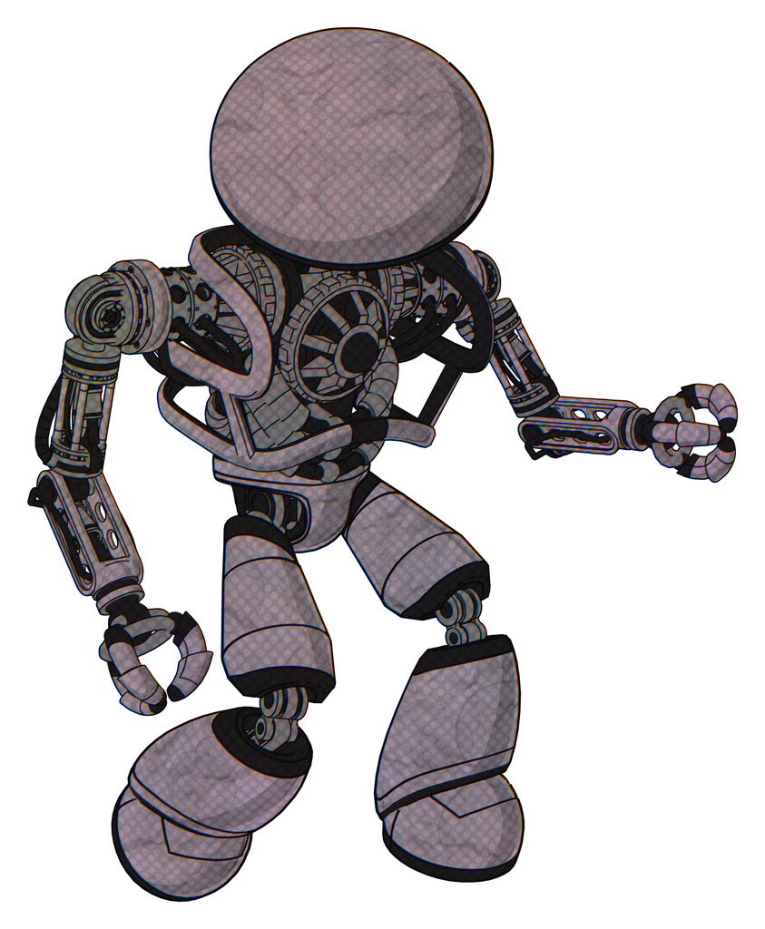 Cyborg containing dome head and heavy upper chest and no chest plating and light leg exoshielding. Dark sketch. Fight or defense pose..