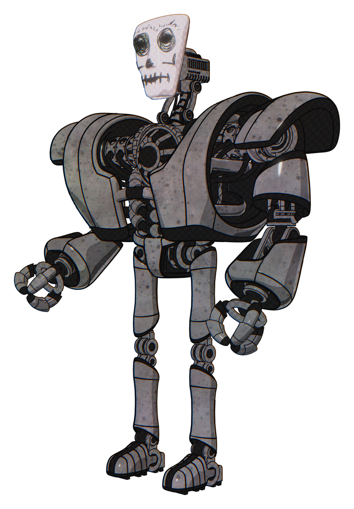 Cyborg containing humanoid face mask and skeleton war paint and heavy upper chest and heavy mech chest and ultralight foot exosuit. Unpainted metal. Facing right view.