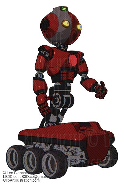 Android Containing Oval Wide Head And Yellow Eyes And Green Led Ornament And Light Chest Exoshielding And Red Chest Button And Six-Wheeler Base. Matted Red. Facing Left View. #17576