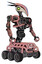 Mech containing bird skull head and green eyes and head shield design and heavy upper chest and no chest plating and six-wheeler base. Toon pink tint. Facing left view.