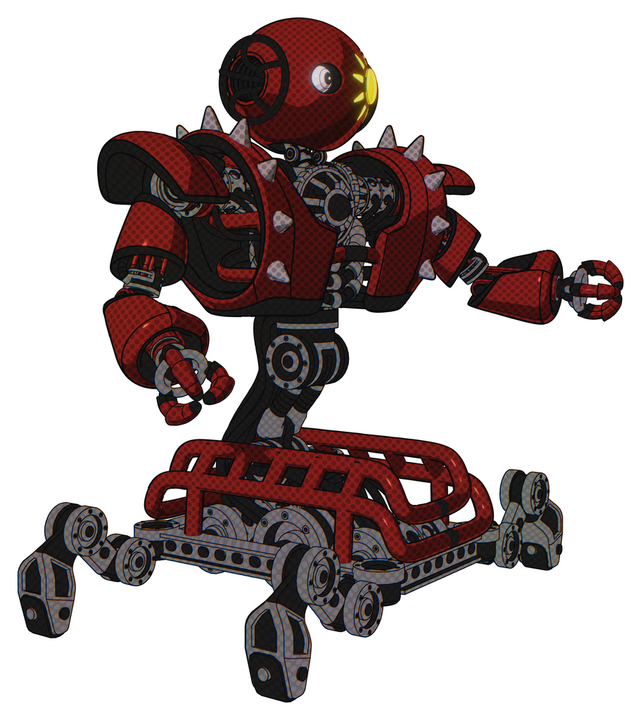 Robot containing oval wide head and sunshine patch eye and heavy upper chest and heavy mech chest and shoulder spikes and insect walker legs. Matted red. Interacting.