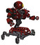 Robot containing oval wide head and sunshine patch eye and heavy upper chest and heavy mech chest and shoulder spikes and insect walker legs. Matted red. Interacting.