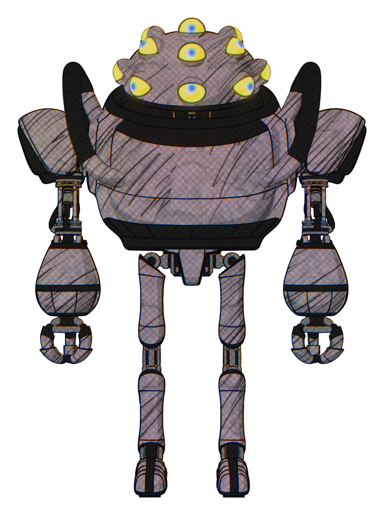 Mech containing many-eyed monster head design and heavy upper chest and ultralight foot exosuit. Dark sketch lines. Front view.