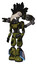 Bot containing bird skull head and white eyeballs and crow feather design and light chest exoshielding and ultralight chest exosuit and minigun back assembly and light leg exoshielding .
