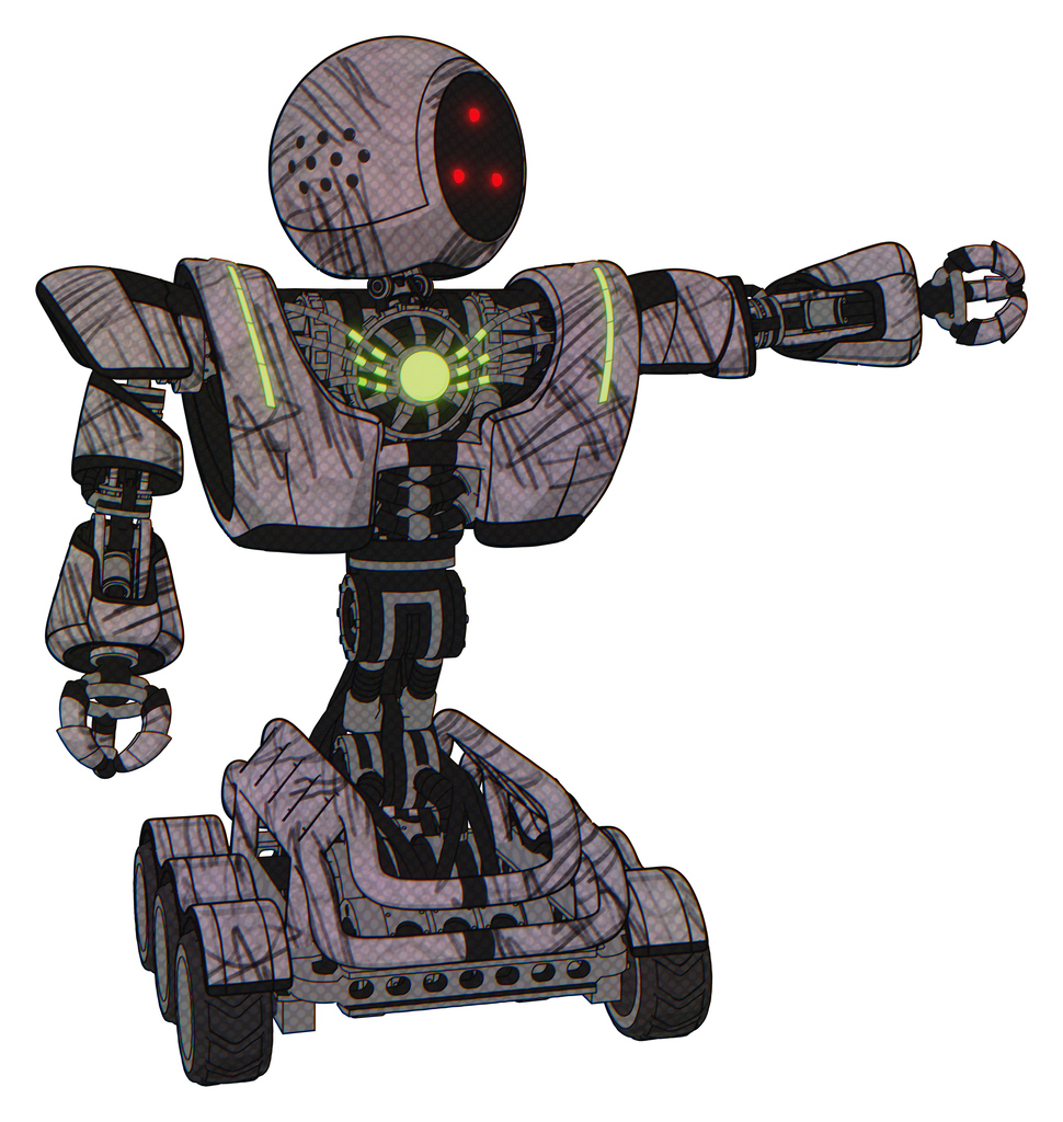 Automaton containing three led eyes round head and heavy upper chest and heavy mech chest and green energy core and six-wheeler base. Dark sketchy. Pointing left or pushing a button..
