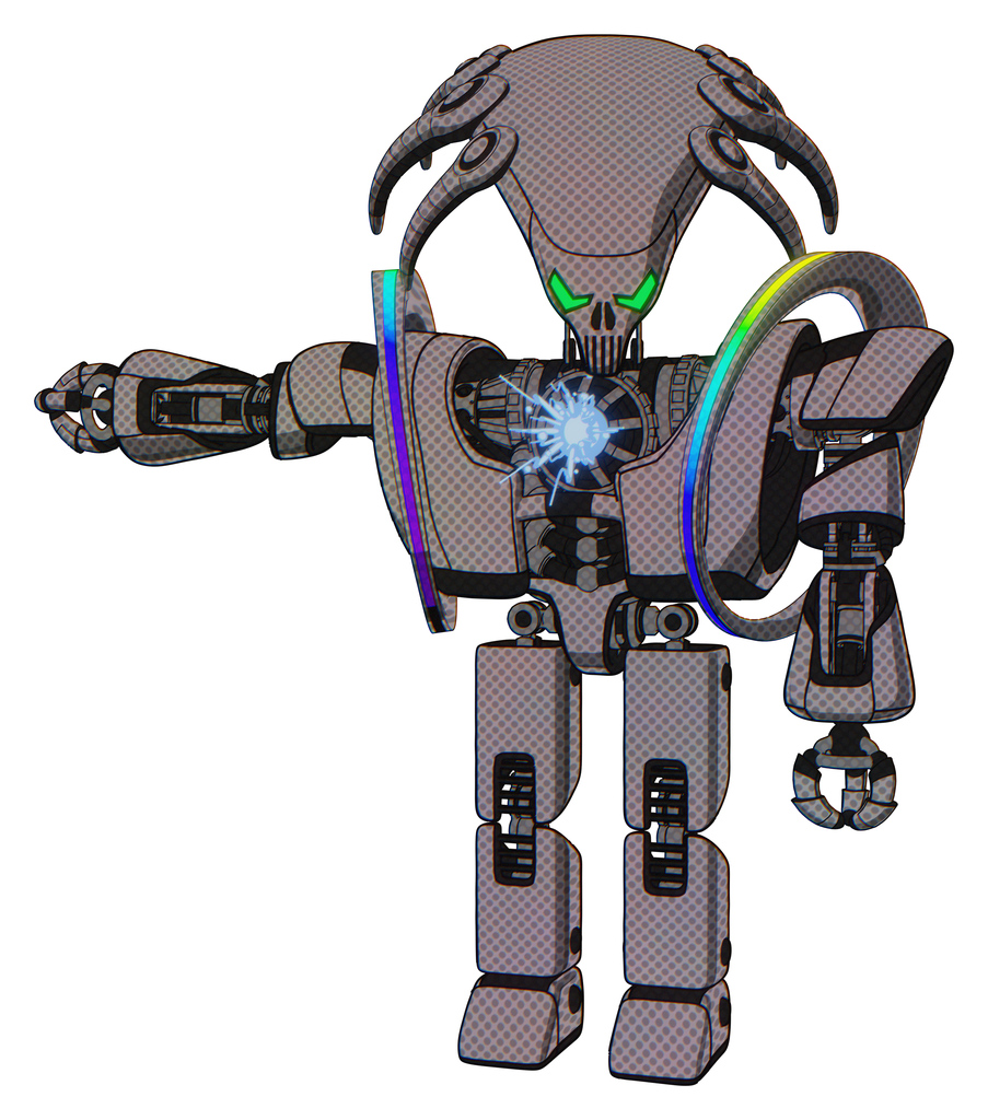 Android containing flat elongated skull head and heavy upper chest and heavy mech chest and spectrum fusion core chest and prototype exoplate legs. Halftone gray. Arm out holding invisible object..