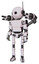 Robot containing oval wide head and retro antenna with light and light chest exoshielding and prototype exoplate chest and minigun back assembly and ultralight foot exosuit. White halftone toon.