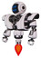 Automaton containing digital display head and hashtag face and heavy upper chest and heavy mech chest and jet propulsion. White halftone toon. Standing looking right restful pose.