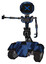 Bot containing digital display head and wince symbol expression and light chest exoshielding and no chest plating and tank tracks. Grunge dark blue. Arm out holding invisible object..