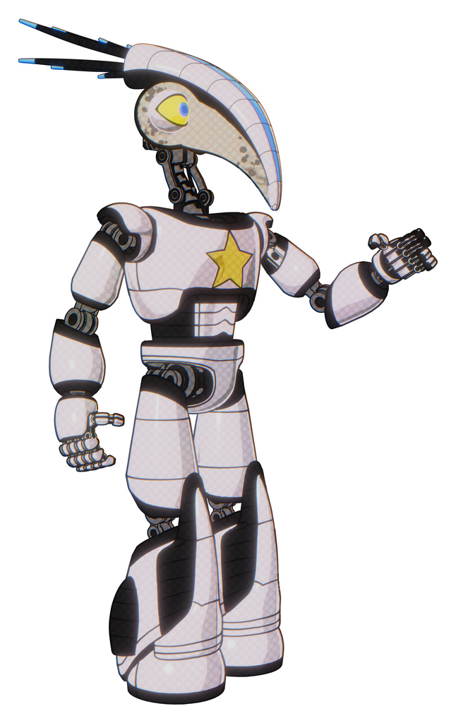 Automaton containing bird skull head and big yellow eyes and head shield design and light chest exoshielding and yellow star and light leg exoshielding and stomper foot mod. White halftone toon.