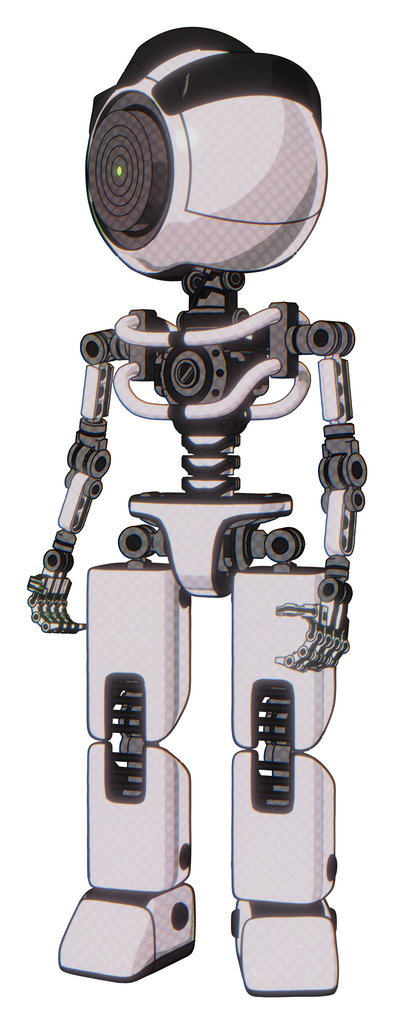 Bot containing green dot eye corn row plastic hair and light chest exoshielding and no chest plating and prototype exoplate legs. White halftone toon. Standing looking right restful pose.