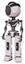 Bot containing green dot eye corn row plastic hair and light chest exoshielding and no chest plating and prototype exoplate legs. White halftone toon. Standing looking right restful pose.