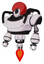 Automaton containing grey alien style head and black eyes and red helmet and heavy upper chest and jet propulsion. White halftone toon. Standing looking right restful pose.