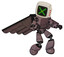 Robot containing old computer monitor and pixel x and red buttons and light chest exoshielding and prototype exoplate chest and pilot's wings assembly and light leg exoshielding. Dusty rose red metal.