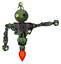 Bot containing oval wide head and small red led eyes and minibot ornament and heavy upper chest and no chest plating and jet propulsion. Grass green. Pointing left or pushing a button..