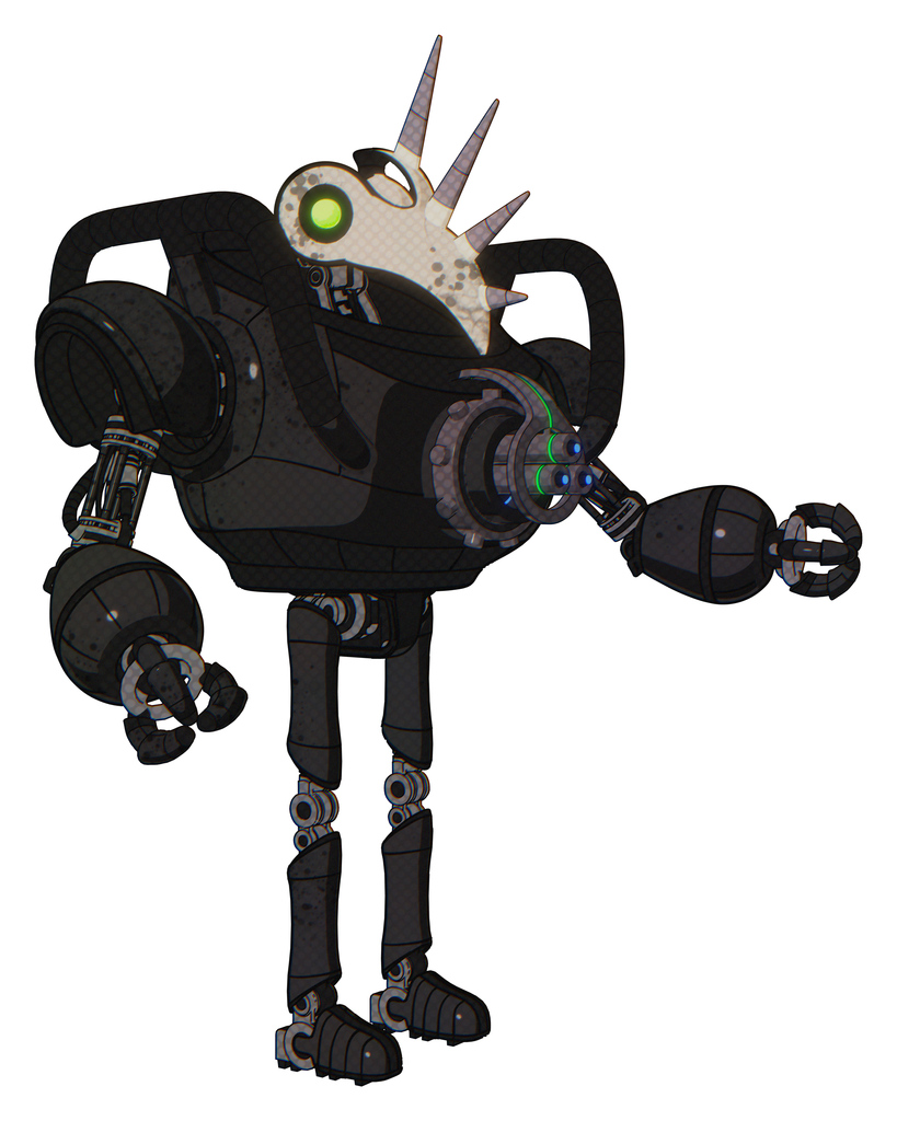 Automaton containing bird skull head and green eyes and heavy upper chest and chest energy gun and ultralight foot exosuit. Dirty black. Interacting.