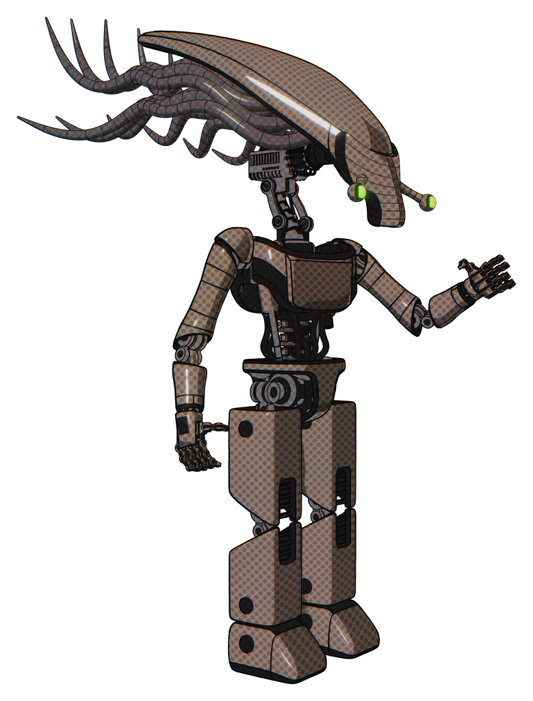 Cyborg containing flat elongated skull head and cables and light chest exoshielding and ultralight chest exosuit and prototype exoplate legs. Khaki halftone. Interacting.