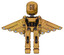 Bot containing round head and three lens sentinel visor and light chest exoshielding and ultralight chest exosuit and cherub wings design and prototype exoplate legs. Construction yellow halftone.