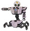 Robot containing grey alien style head and led array eyes and lightning bolts and helmet and heavy upper chest and heavy mech chest and blue energy fission element chest and insect walker legs.