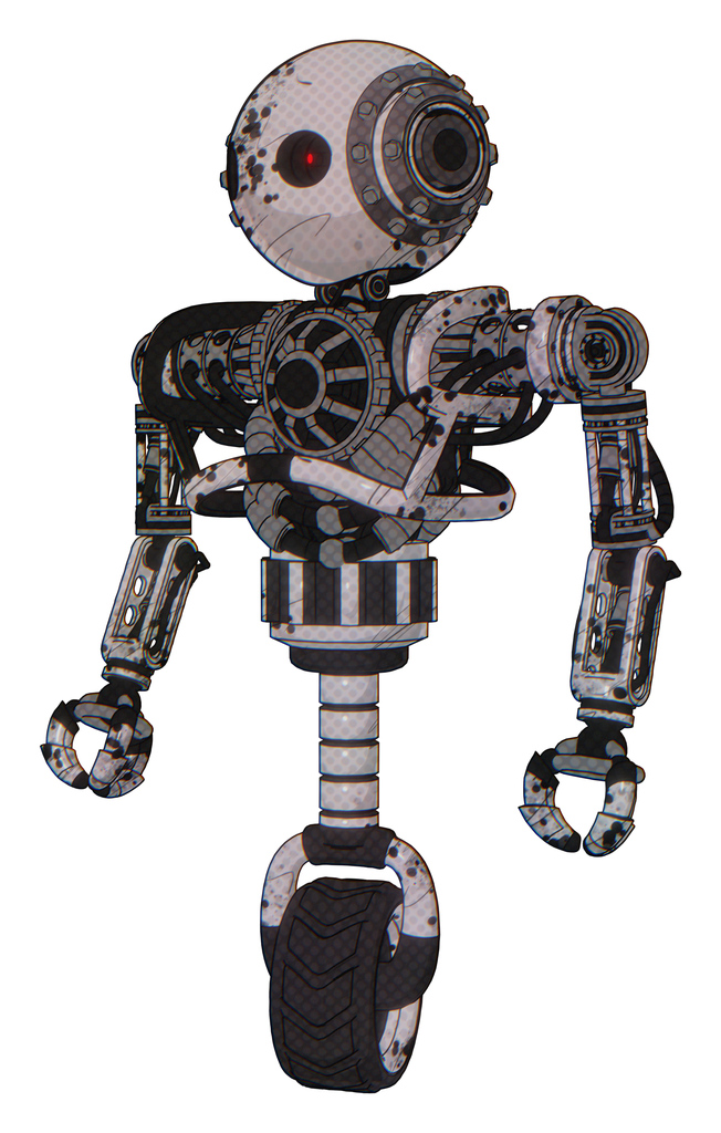 Mech containing oval wide head and small red led eyes and steampunk iron bands with bolts and heavy upper chest and no chest plating and unicycle wheel. Grunge sketch dots.