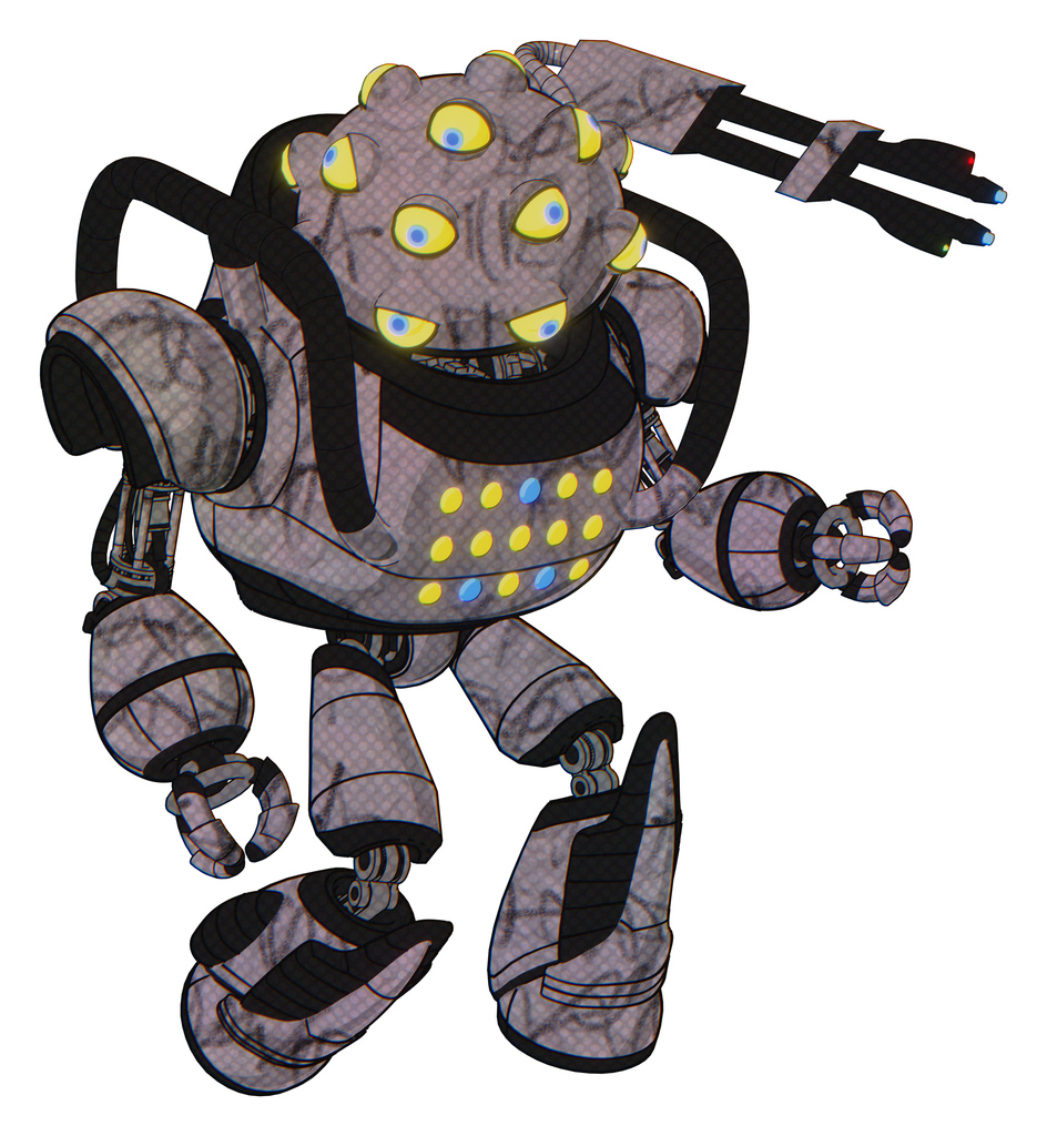 Mech containing many-eyed monster head design and heavy upper chest and colored lights array and light leg exoshielding and stomper foot mod. Dark sketch random doodle. Fight or defense pose..