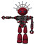 Robot containing oval wide head and blue led eyes and techno halo ornament and heavy upper chest and no chest plating and light leg exoshielding. Fire engine red halftone.