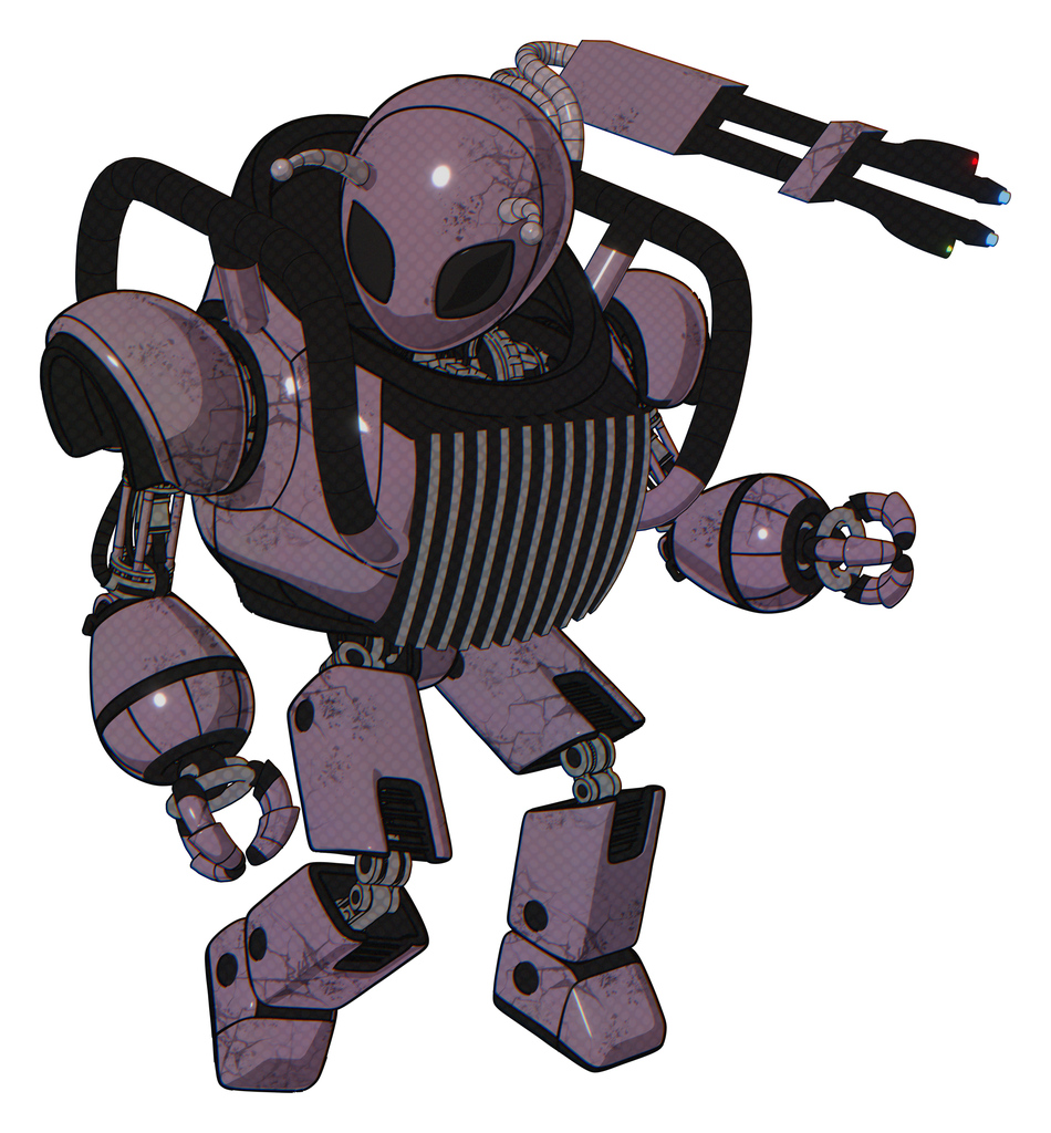 Cyborg containing grey alien style head and black eyes and bug antennas and heavy upper chest and chest vents and prototype exoplate legs. Lilac metal. Fight or defense pose..