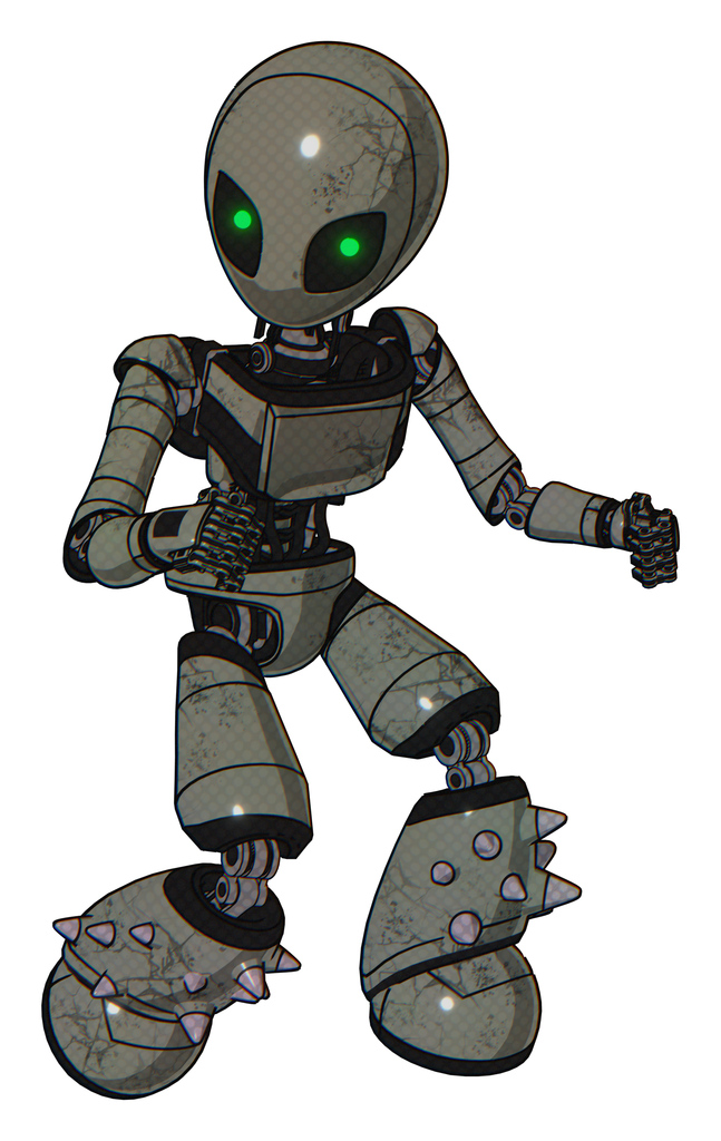 Automaton containing grey alien style head and green inset eyes and light chest exoshielding and ultralight chest exosuit and light leg exoshielding and spike foot mod. Concrete grey metal.