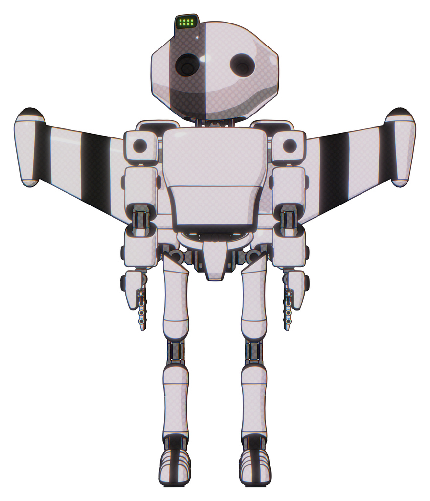 Robot containing oval wide head and green led ornament and light chest exoshielding and prototype exoplate chest and stellar jet wing rocket pack and ultralight foot exosuit. White halftone toon.