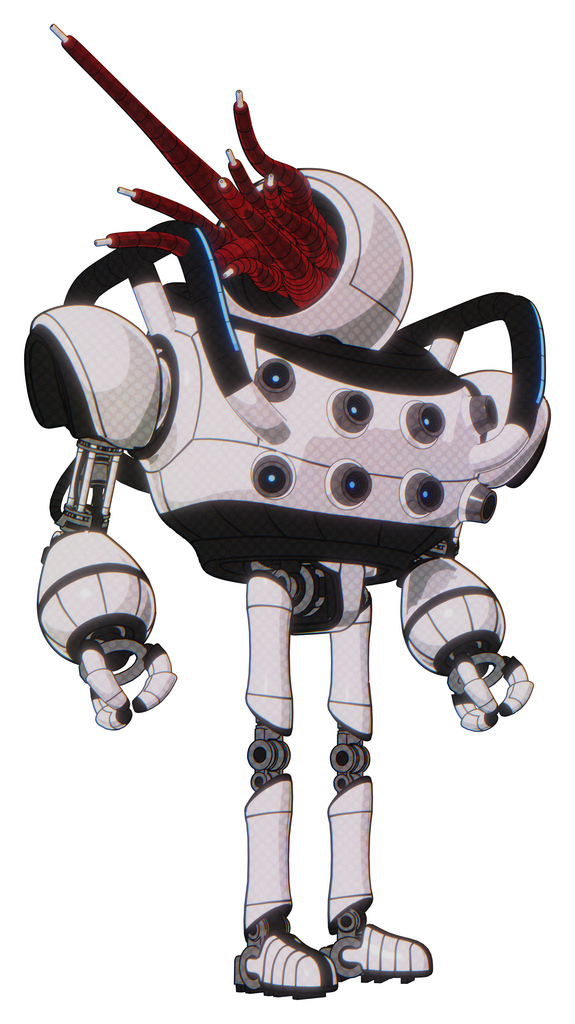 Robot containing jellyfish style head red fiber optic tentacles and heavy upper chest and chest energy sockets and blue strip lights and ultralight foot exosuit. White halftone toon. Hero pose.