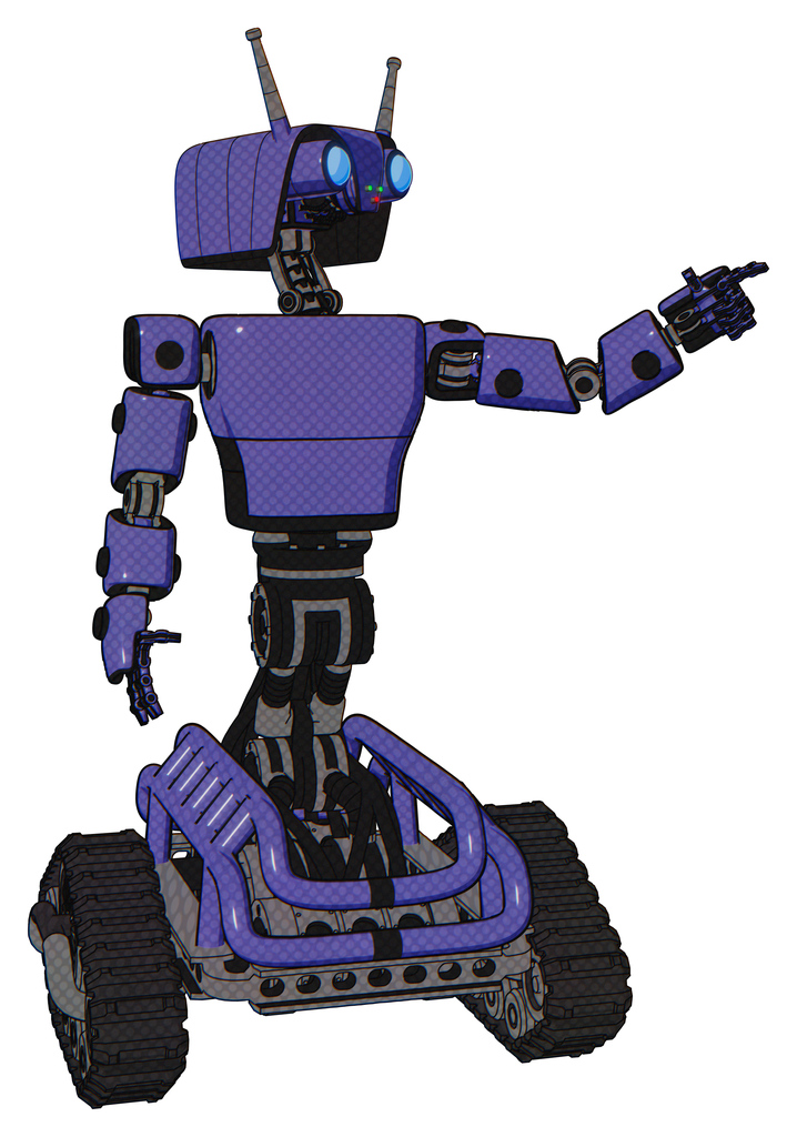Android containing dual retro camera head and cyborg antenna head and light chest exoshielding and prototype exoplate chest and tank tracks. Primary blue halftone. Pointing left or pushing a button..