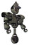 Droid containing grey alien style head and metal grate eyes and alien bug creature hat and heavy upper chest and heavy mech chest and unicycle wheel. Concrete grey metal. Facing left view.