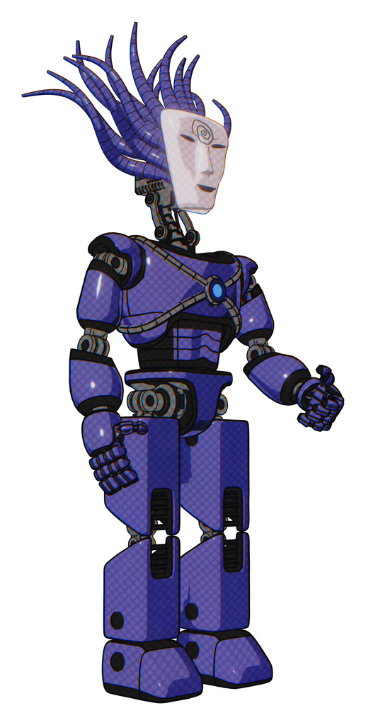 Android containing humanoid face mask and spiral design and light chest exoshielding and blue energy core and prototype exoplate legs. Primary blue halftone. Facing left view.