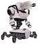 Bot containing round fiber optic connectors head and heavy upper chest and colored lights array and insect walker legs. White halftone toon. Facing left view.