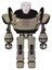 Droid containing humanoid face mask and heavy upper chest and prototype exoplate legs. Grungy fiberglass. Front view.