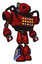 Automaton containing oval wide head and green led ornament and heavy upper chest and colored lights array and light leg exoshielding and megneto-hovers foot mod. Dark red. Hero pose.