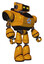 Bot containing dual retro camera head and retro tech device head and heavy upper chest and circle of blue leds and light leg exoshielding. Primary yellow halftone. Facing left view.