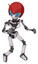 Droid containing grey alien style head and blue grate eyes and red v and red helmet and light chest exoshielding and no chest plating and ultralight foot exosuit. White halftone toon.
