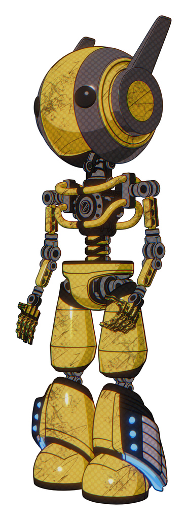Cyborg containing round head and maru eyes and head winglets and light chest exoshielding and no chest plating and light leg exoshielding and megneto-hovers foot mod. Construction yellow halftone.