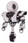 Droid containing round head and heavy upper chest and heavy mech chest and unicycle wheel. White halftone toon. Standing looking right restful pose.