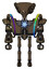 Robot containing flat elongated skull head and heavy upper chest and heavy mech chest and spectrum fusion core chest and ultralight foot exosuit. Light brown halftone. Front view.