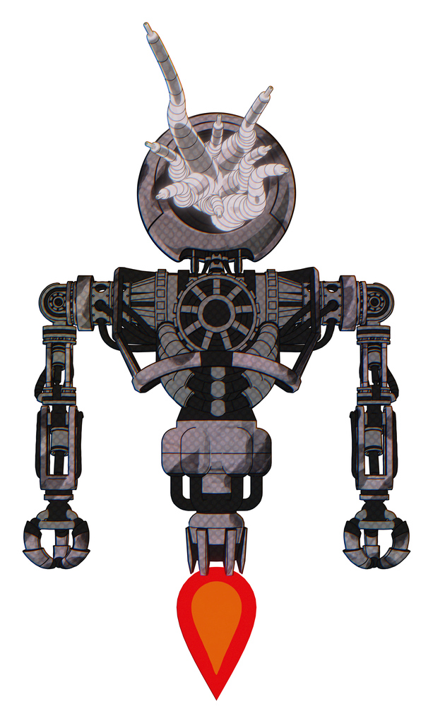 Cyborg containing jellyfish style head white fiber optic tentacles and heavy upper chest and no chest plating and jet propulsion. Sketch pad wet ink smudge. Front view.