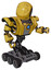 Cyborg containing round head and heavy upper chest and heavy mech chest and blue energy fission element chest and six-wheeler base. Construction yellow halftone. Fight or defense pose..