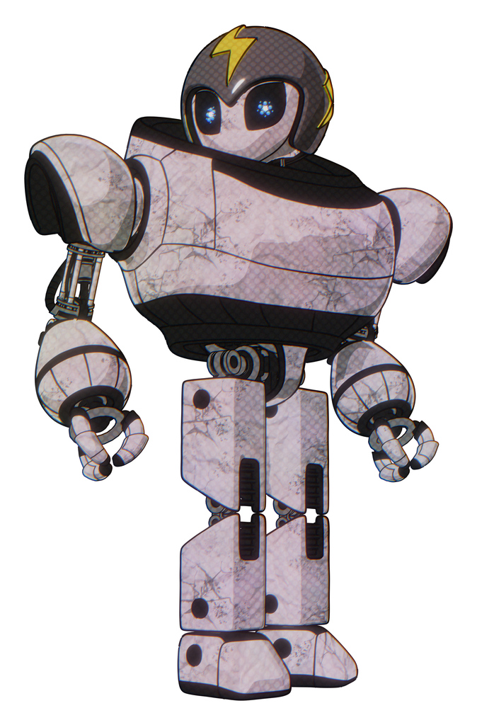 Droid containing grey alien style head and electric eyes and lightning bolts and gray helmet and heavy upper chest and prototype exoplate legs. Sketch pad. Hero pose.