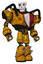 Droid containing humanoid face mask and skeleton war paint and heavy upper chest and red shield defense design and light leg exoshielding and spike foot mod. Worn construction yellow. Hero pose.